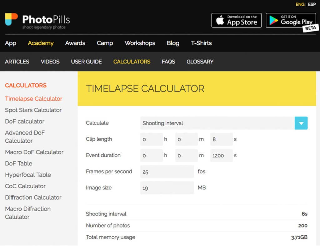 photocells time lapse calculator