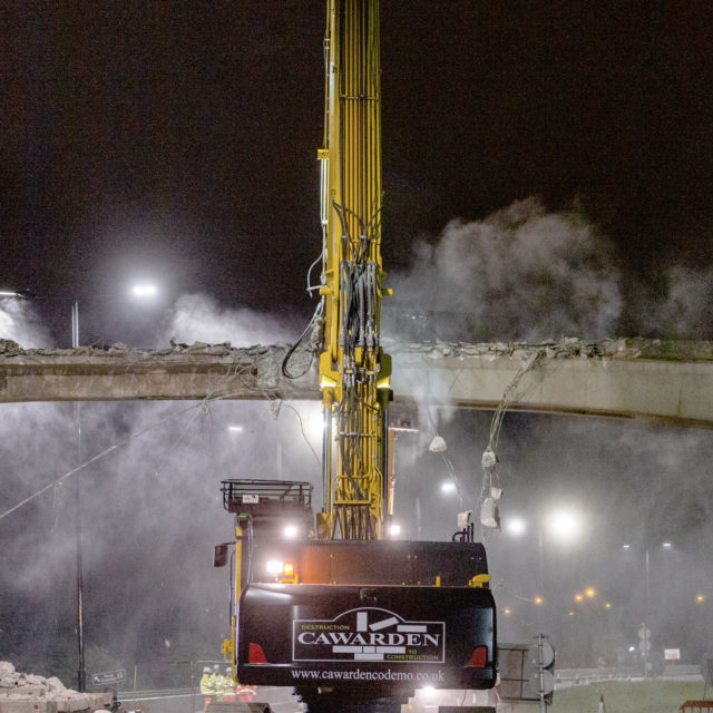 A52 footbridge, Brian Clough Way, Derby, Derby City Council, plant, demolition, dust suppression, night,